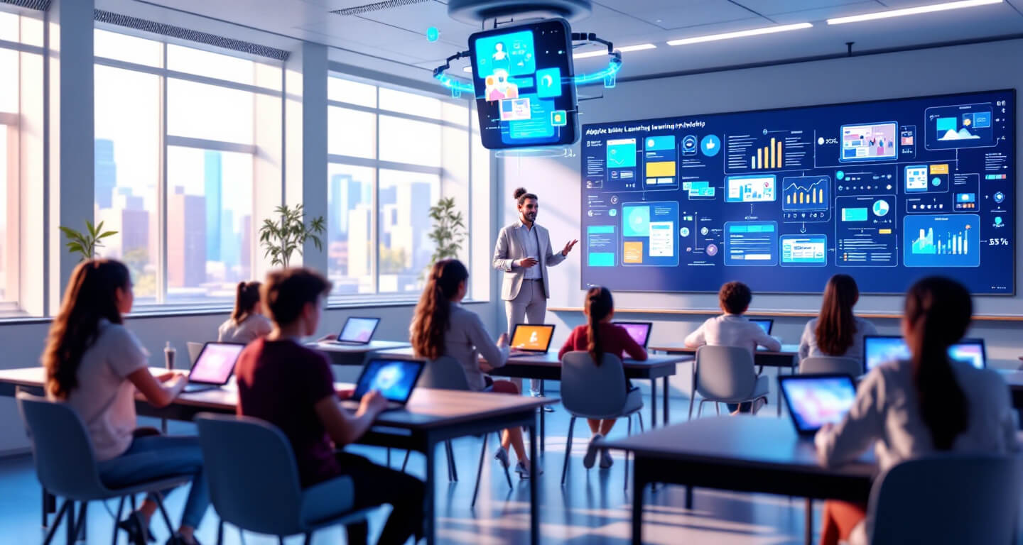 Aula digital con inteligencia artificial, profesor usando pizarra inteligente con aprendizaje adaptativo, estudiantes con tabletas personalizadas y asistente virtual educativo. IA en la educación, innovación en el aprendizaje.