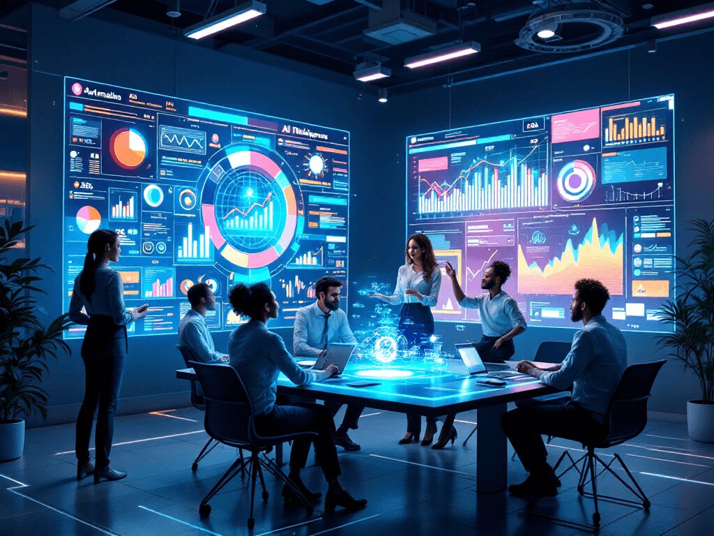 Oficina moderna con inteligencia artificial optimizando estrategias empresariales, con pantallas holográficas mostrando análisis de datos y automatización de procesos. IA en negocios, optimización empresarial con tecnología.