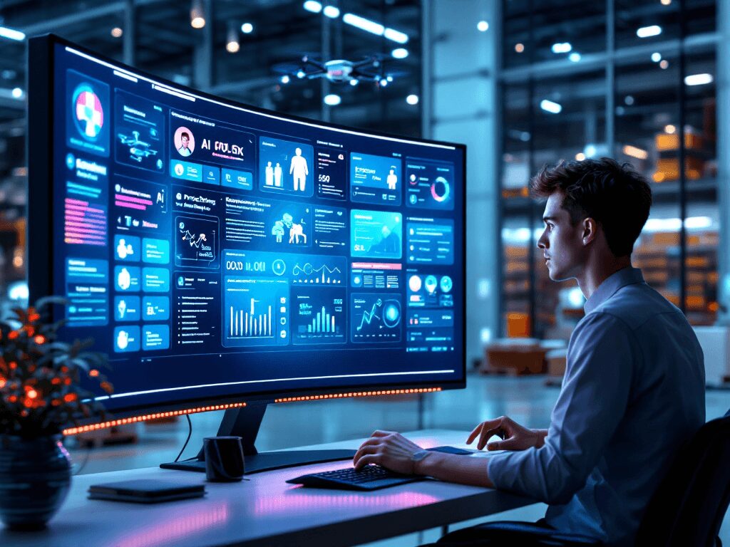 Experiencia de compra personalizada con inteligencia artificial, usuario interactuando con asistente virtual que recomienda productos en tiempo real. IA en comercio electrónico, personalización en negocios digitales.
