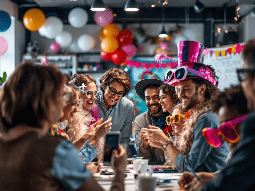 Equipo corporativo usando una cabina de fotos interactiva con accesorios divertidos durante un evento de team building.