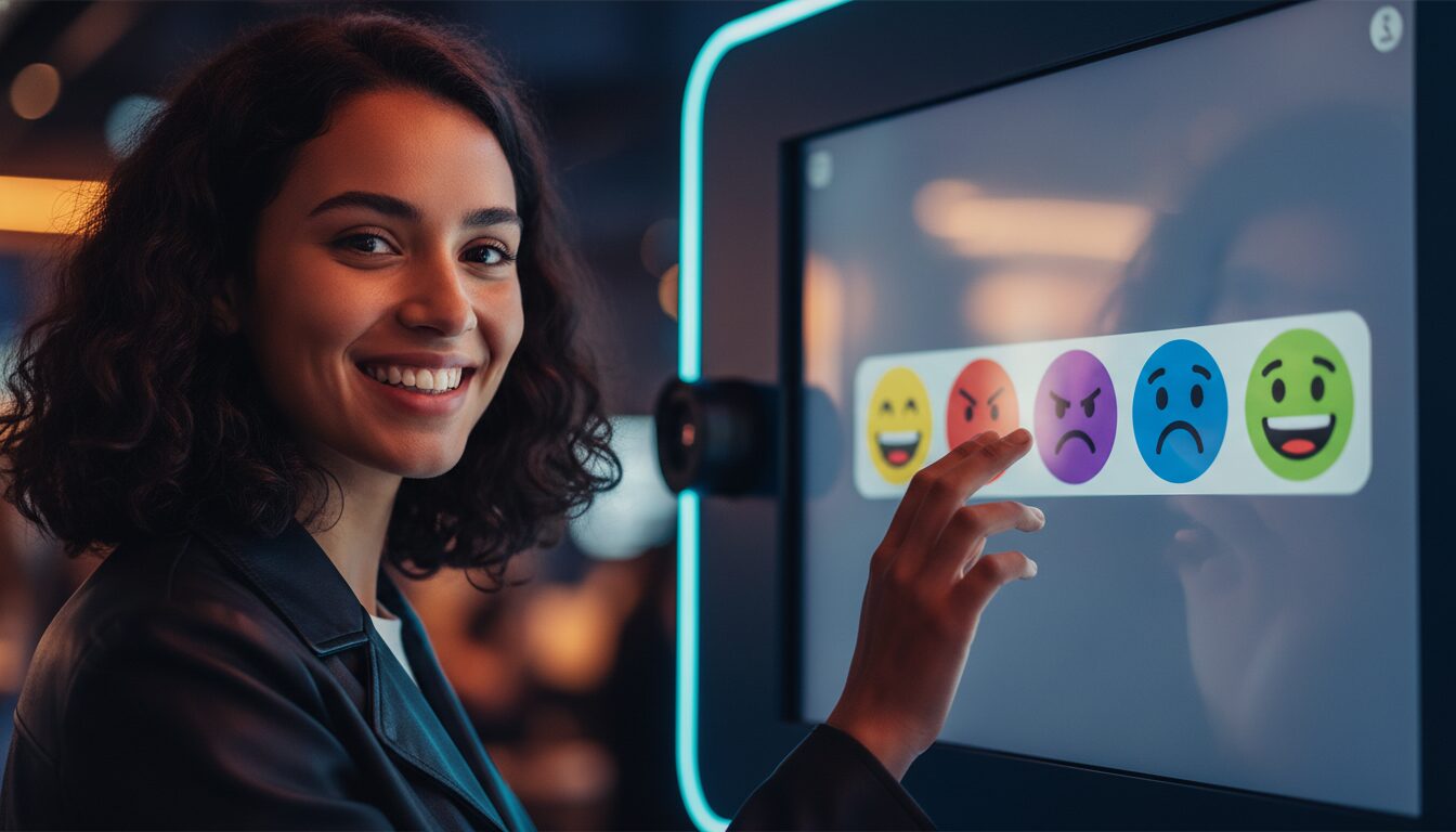 Mujer interactuando con emojis sonriente.