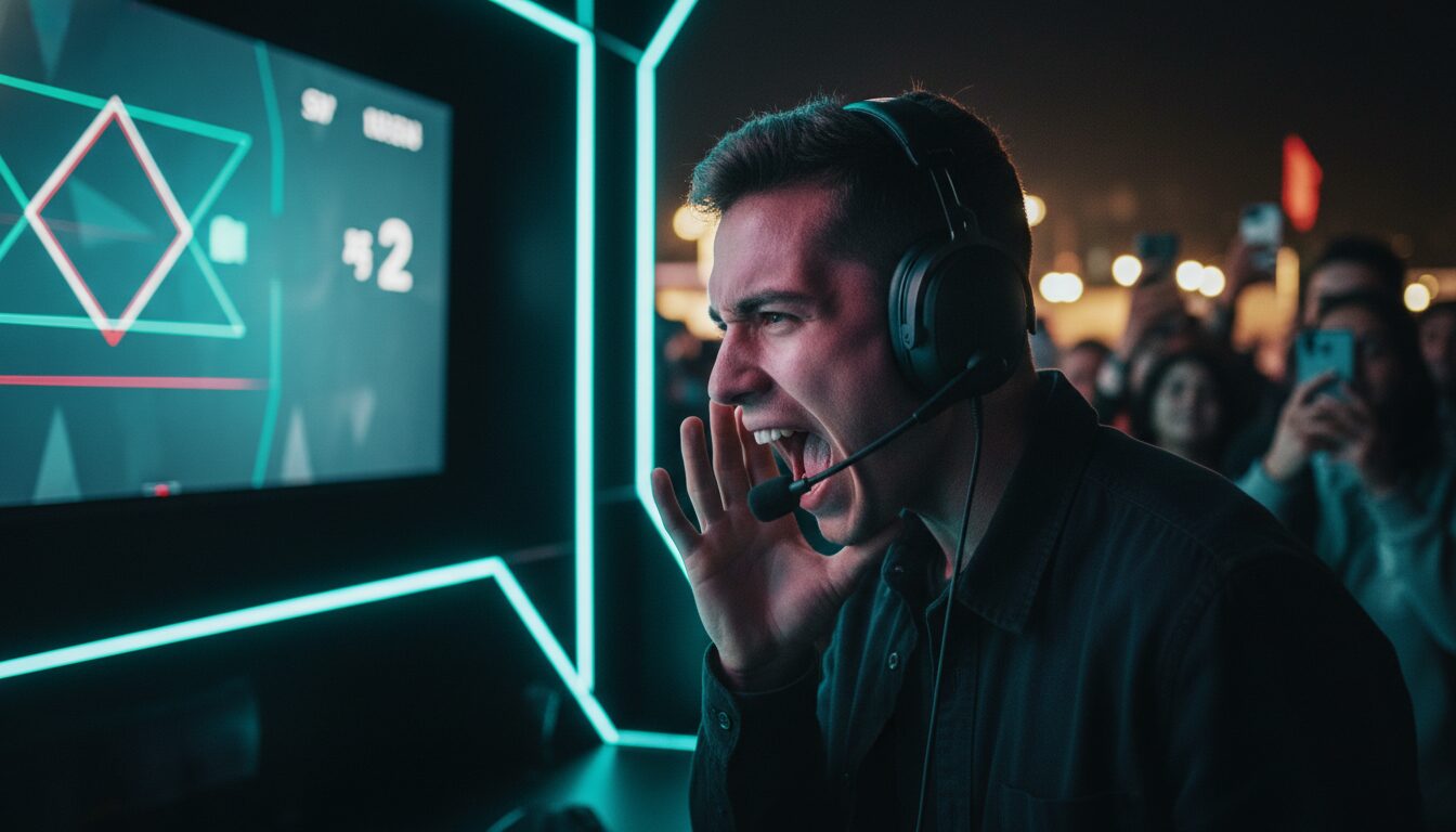 Jugador emocionado en competencia de videojuegos