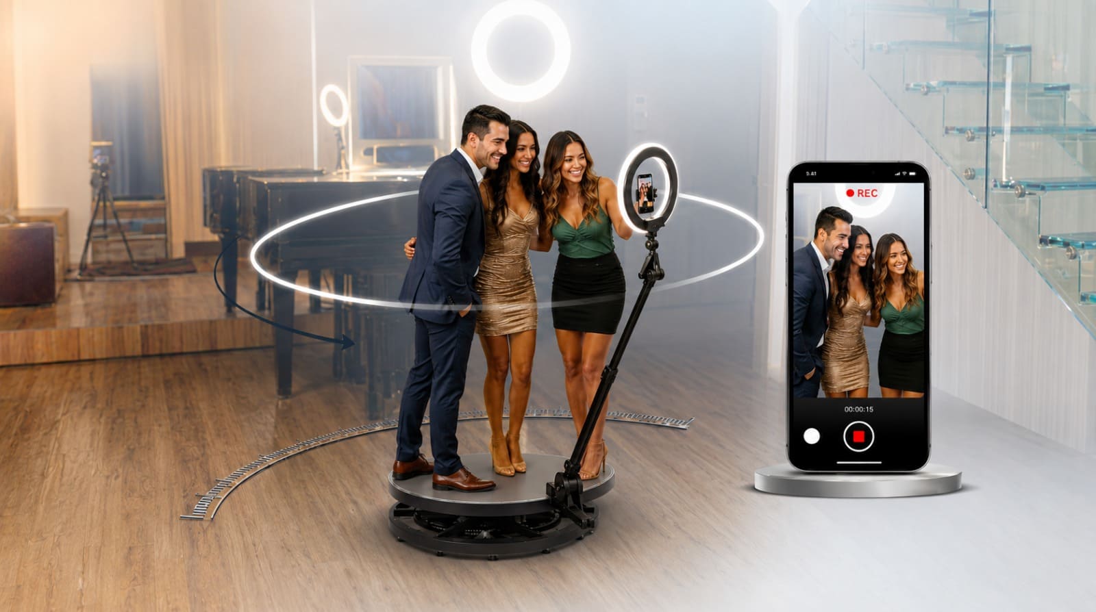 Photo Booth 360 en evento corporativo en Colombia - plataforma giratoria con cámara en cámara lenta