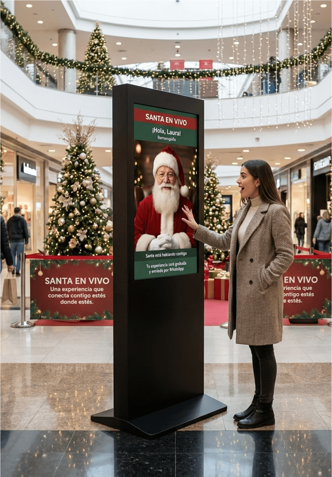 Tótem de Santa en vivo saludando por su nombre a una visitante en un centro comercial, activación navideña con tecnología